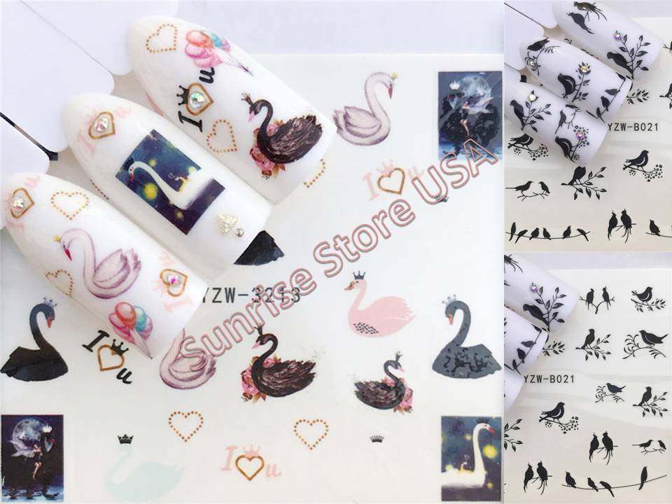 Nail Art Water Transfer Sticker Bird Swan Leaves Tree Branch Love Decal Manicure