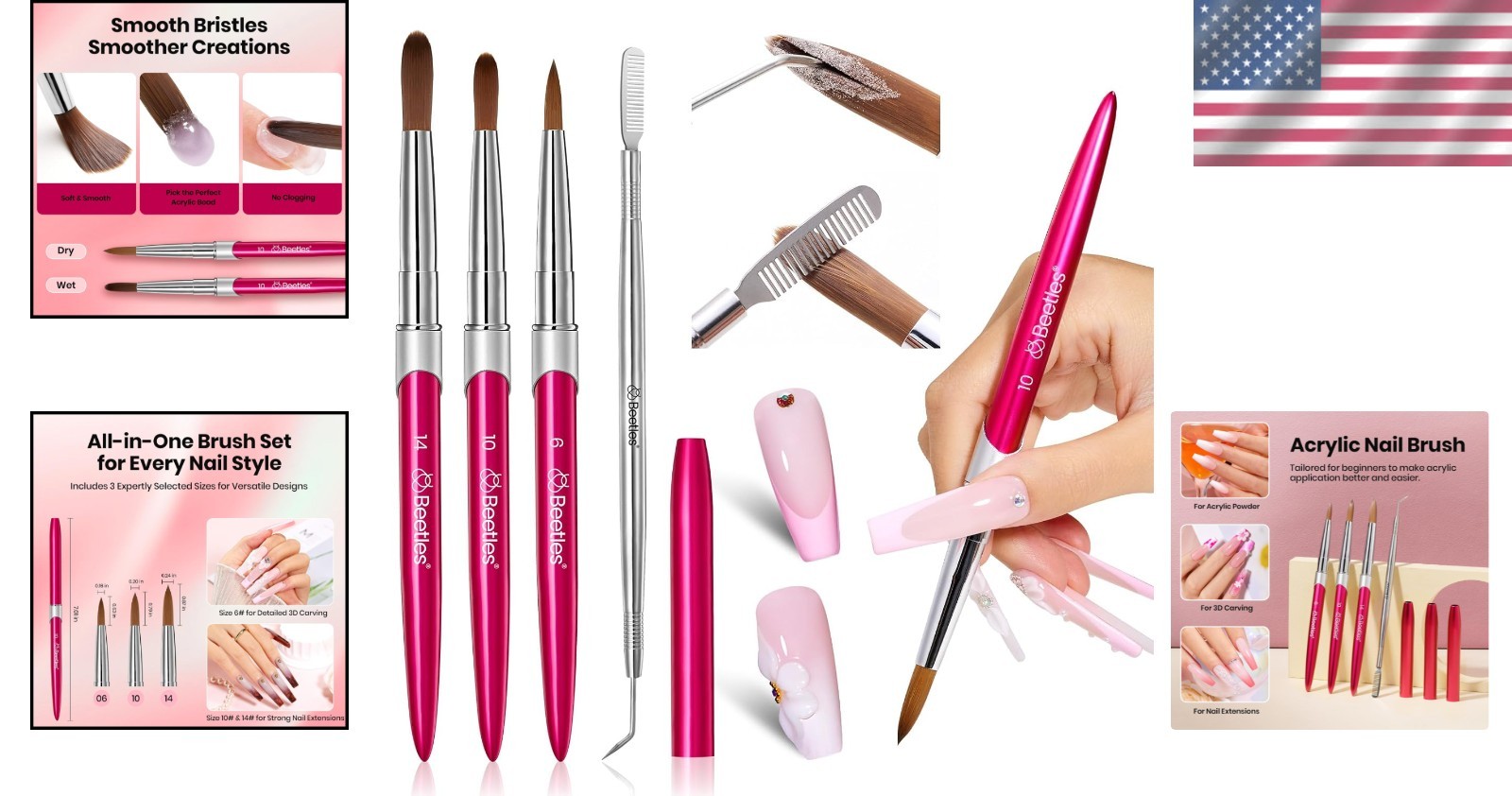 Professional Acrylic Nail Brush Set 3 Sizes with Steel Comb for Easy Cleaning