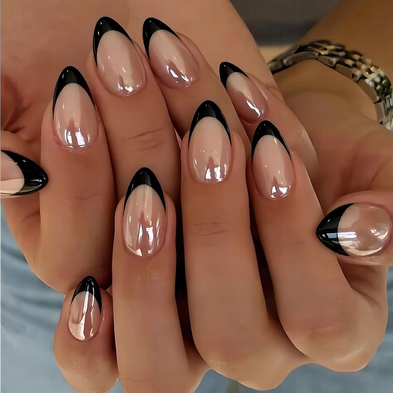 20Pcs Black Semi Cured Gel Nail Strips French Tip UV Nail Stickers