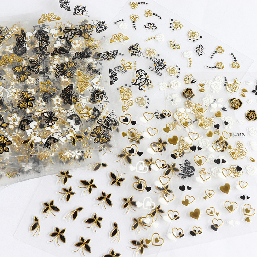 10PCS 3D Tip Nail Art Stickers Gold BLACK Heart Love BUTTERFLY ROSE FLOWER #2