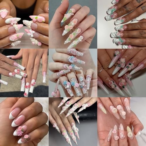 600pcs 3D Camellias Flower Nail Charms Nail Rhinestones with Pearls Rose Flower