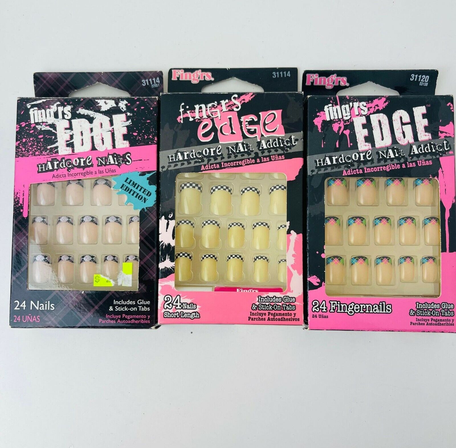 Lot of 3 Combo Fing’rs Edge HardCore Nails 24Nails Short With Glue 31120/31114