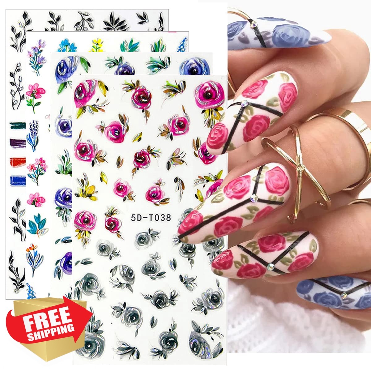 Flower Nail Stickers – 5D Embossed, Engraved Designs – Spring/Summer Nail Art…