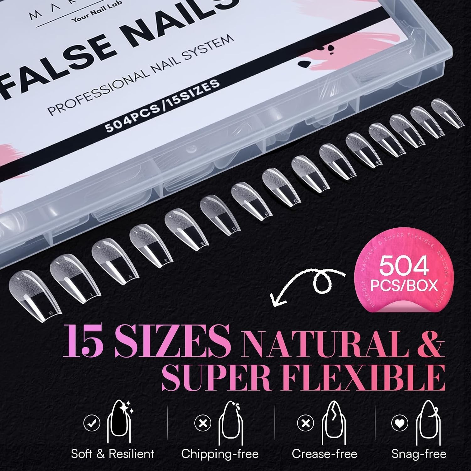 15 Sizes Medium Coffin Clear Nail Tips – Durable Half Matte Design, 504 PCS