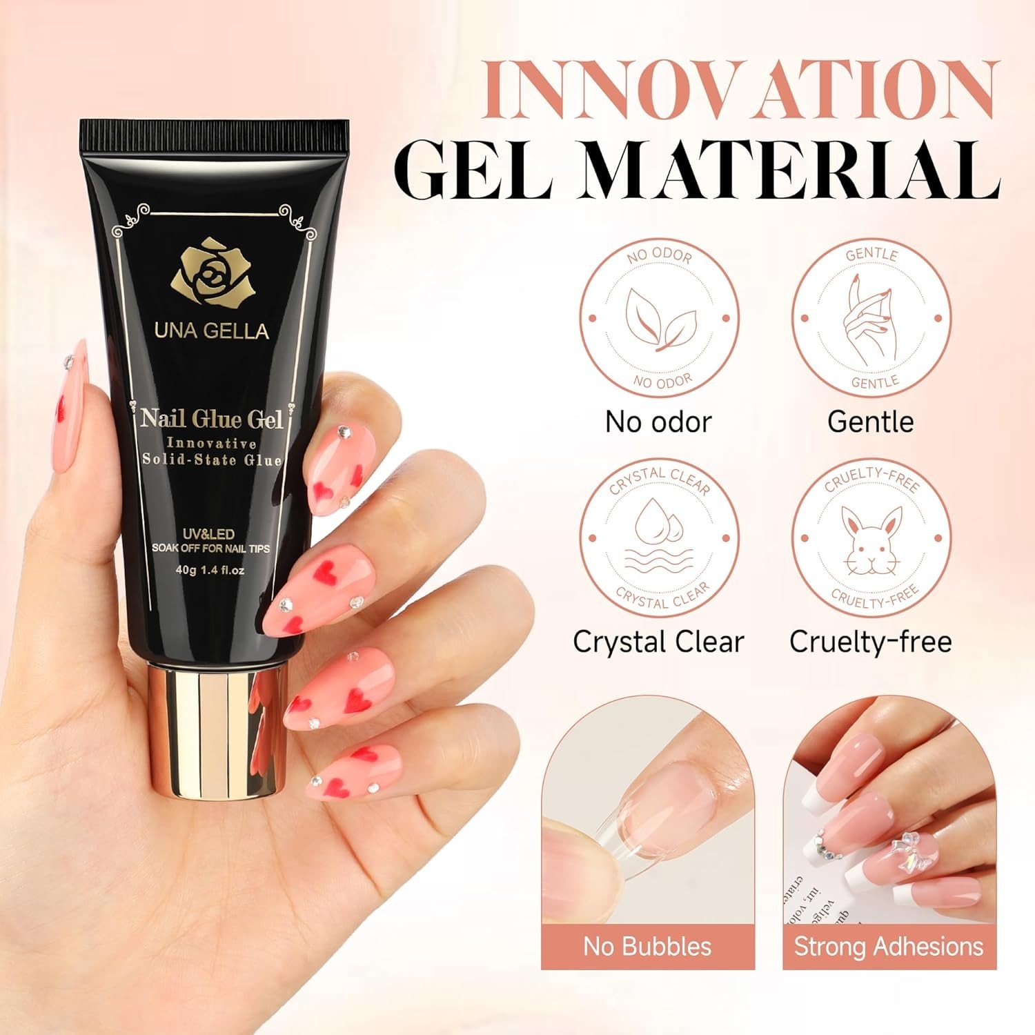 UNA GELLA Solid Nail Tips Glue Gel 2 * 40ml Lamp Curing Needed Soak Off Soft…