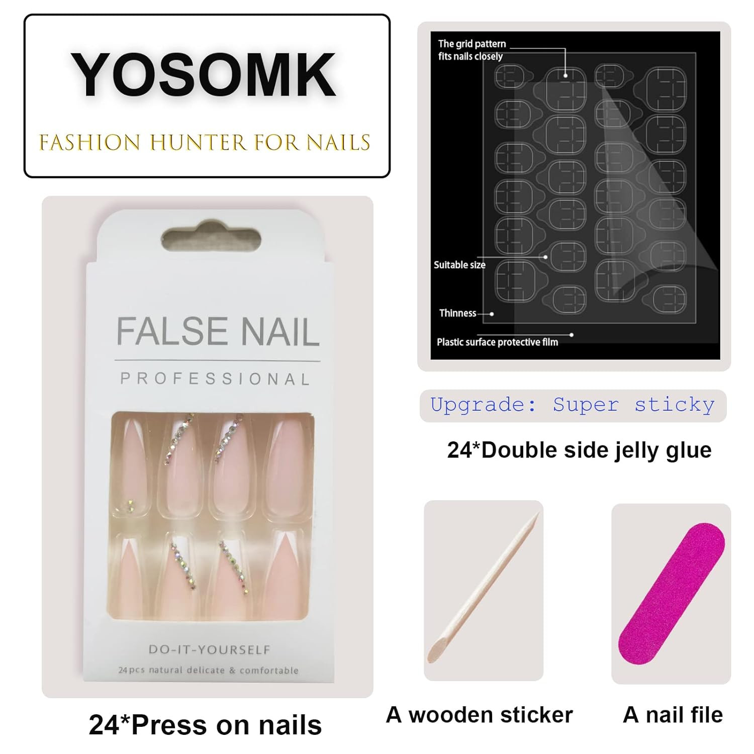 Elegant French Tip Press-On Nails with Pink & White Rhinestones, Coffin Shape