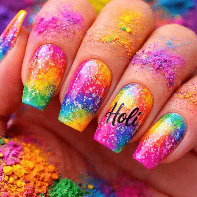 48 Pcs Rainbow Glitter Holi Print Press on Nails, Long Coffin Bright Fake Nails