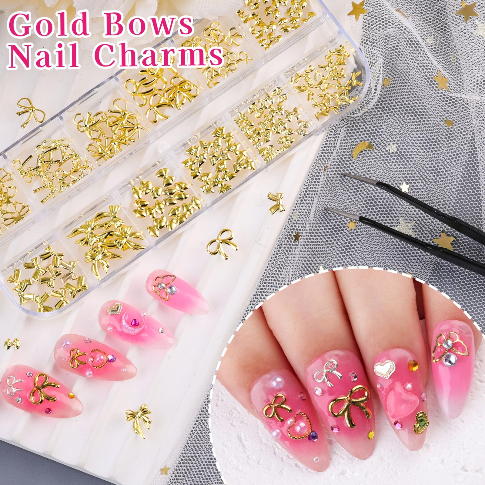 Gold Silver Star Cross Bows Nail Charms, 6 Boxes 3D Metal Y2K Nail Charms and…