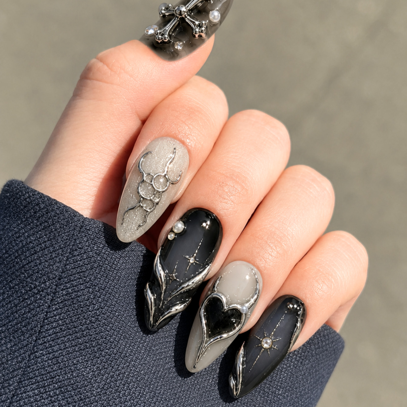 Handmade Gothic Black Silver 3D Cross Heart Press On Nails Set