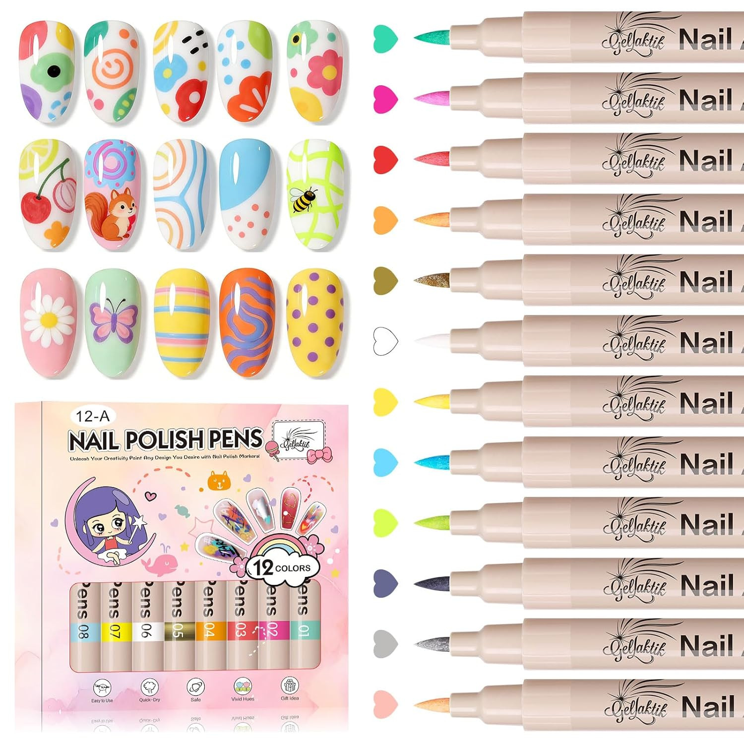 12-Color 3D Nail Art Pens Set – Quick-Drying, Non-Toxic, Beginner-Friendly