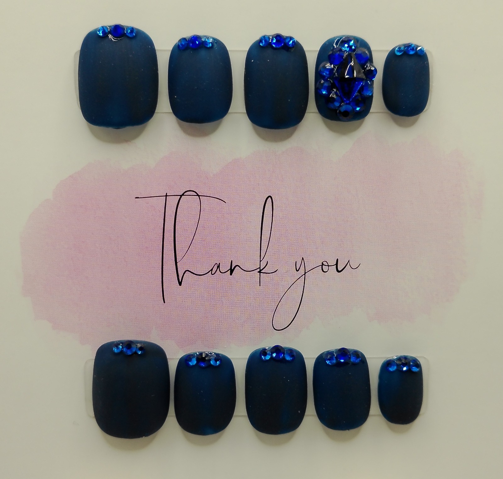 Extra Short Squoval Press-On Nails, Medium Sizes Dark Matte Blue with Gems
