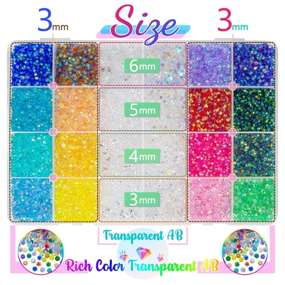 24000Pcs 3mm Transparent AB Resin Rhinestones Flatback Gems 18 Colors with B7000