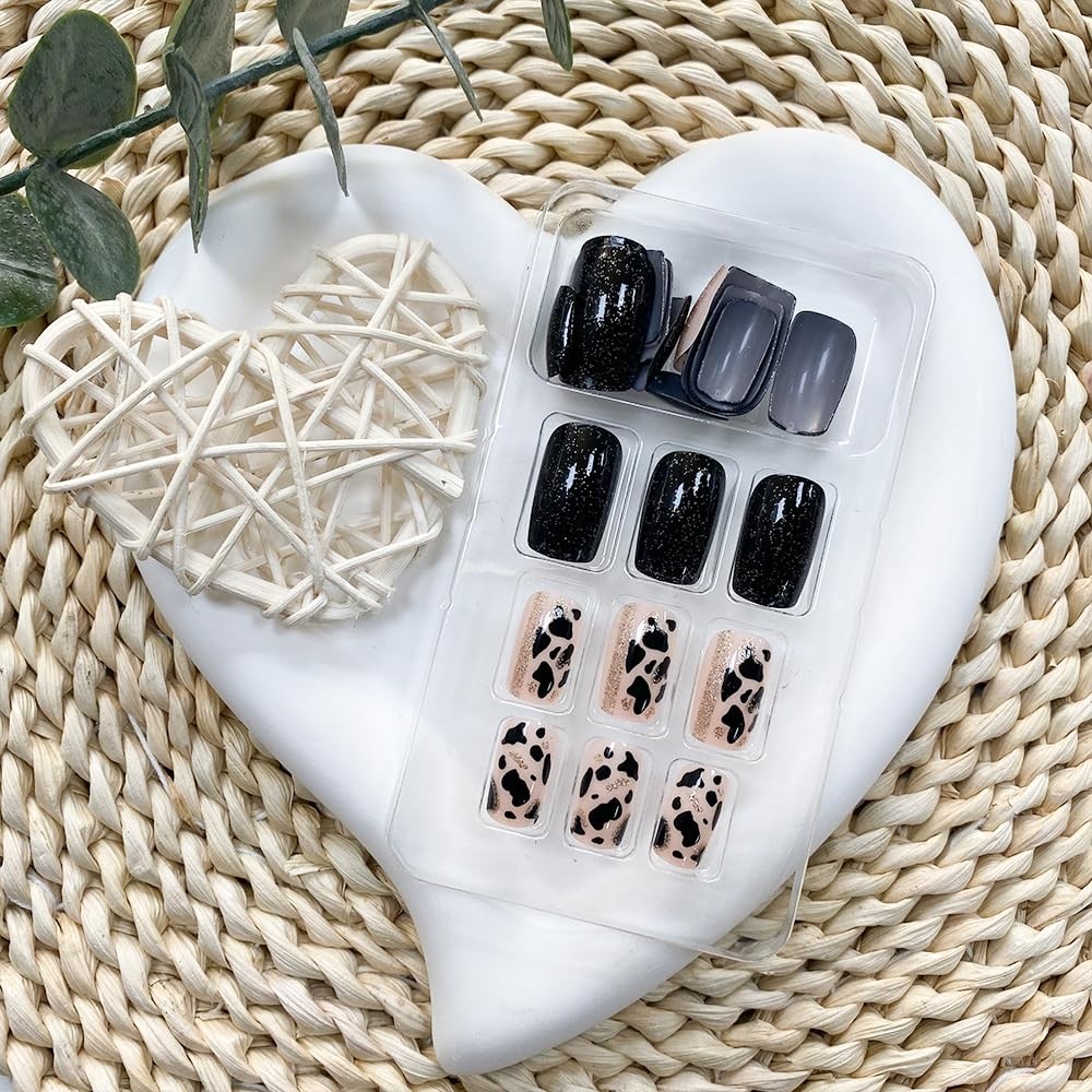 Black Press on Nails Short Square Fake Nails Full Cover False Nails with Gel …