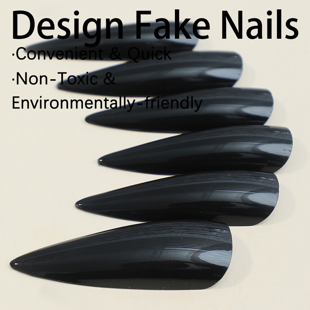 24PC Black Long Fake Nails Tips False Nail Full Cover Removable Artificial