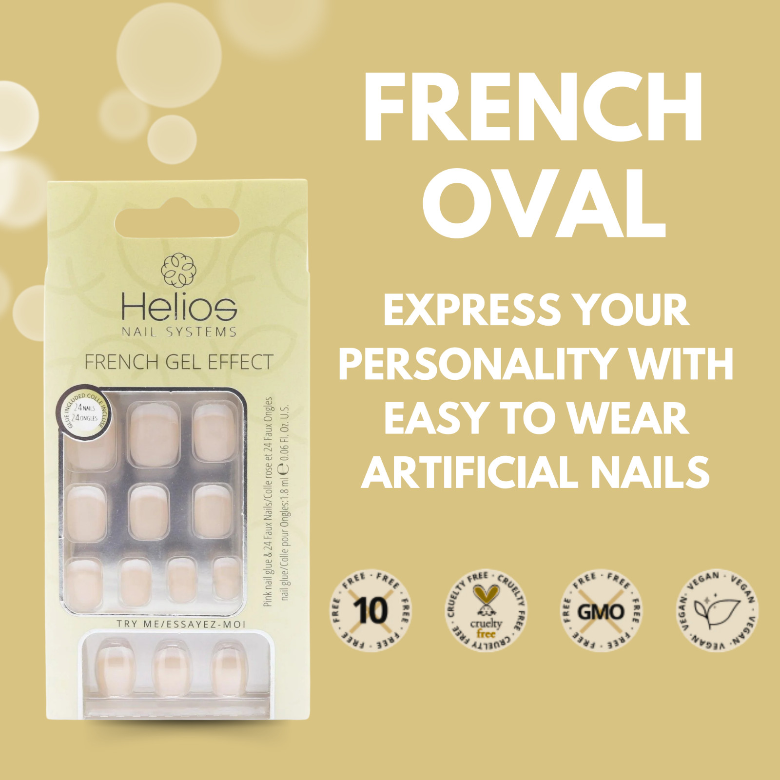 Helios Nude French Oval Gel Acrylic Nails – 24 Pcs, Gel Effect (3-Pack)