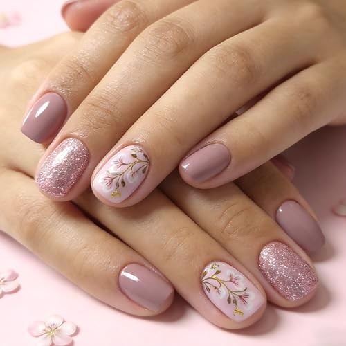 Purple Glitter Nails – Cute Flower Bud Style28 – Square Press On Nails