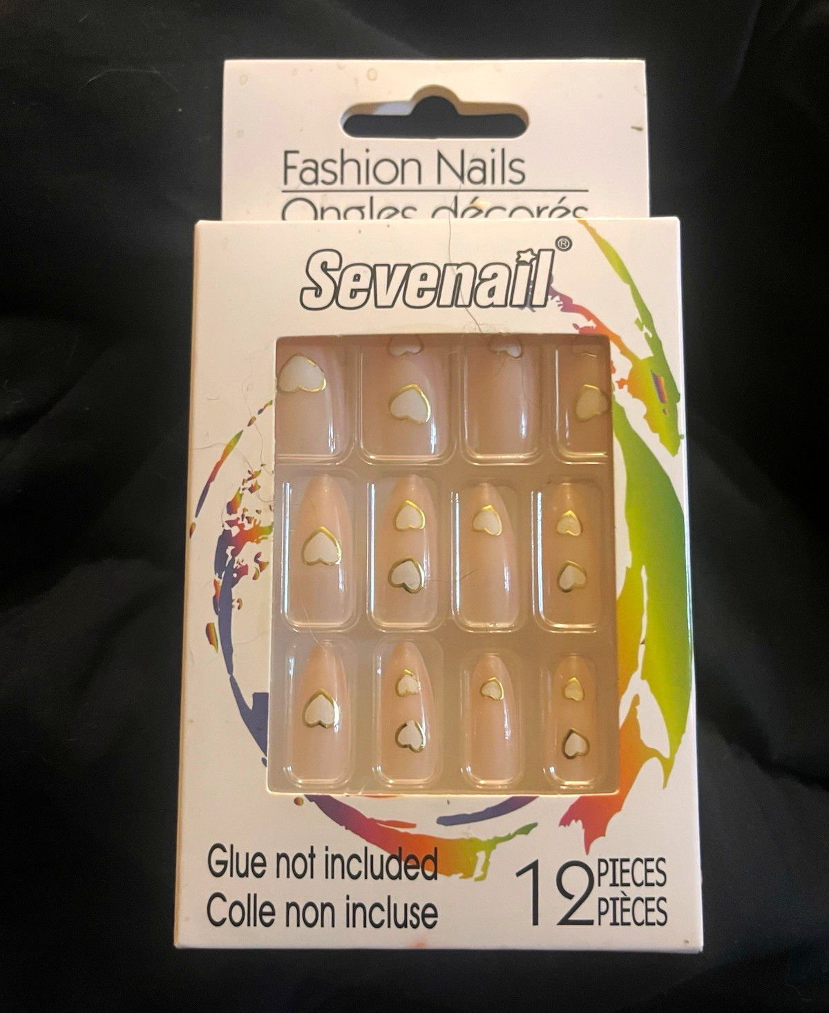 Sevenail Press-On Nails Heart Pre-Designed Pink/Gold Shiny Long Almond 12pc