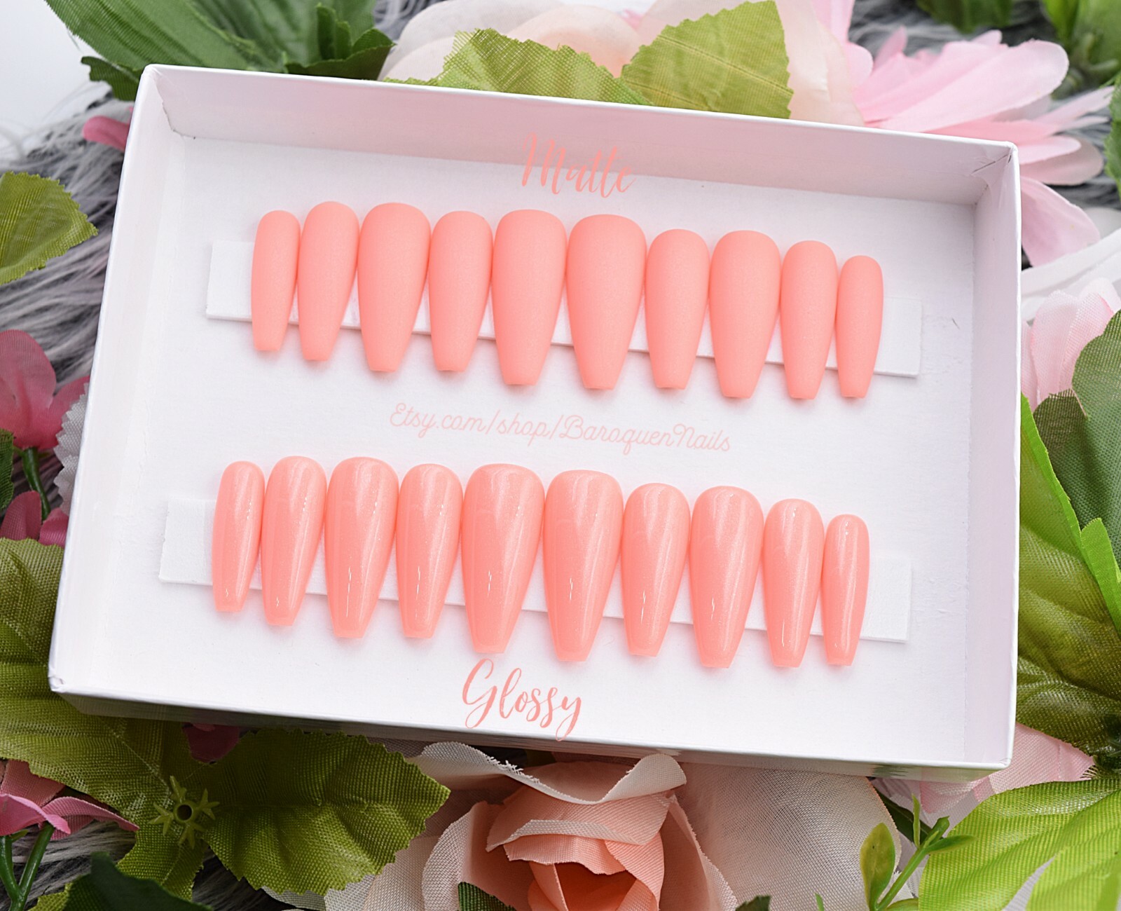 Sparkle Peachy Pink Press On Nails Coral Nails | Gel Fake Nails Acrylic Nails