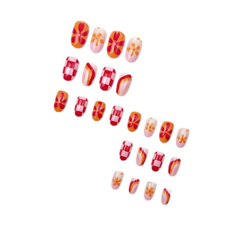 48PCS detachable reusable pink orange flower and checkerboard pattern fake nails