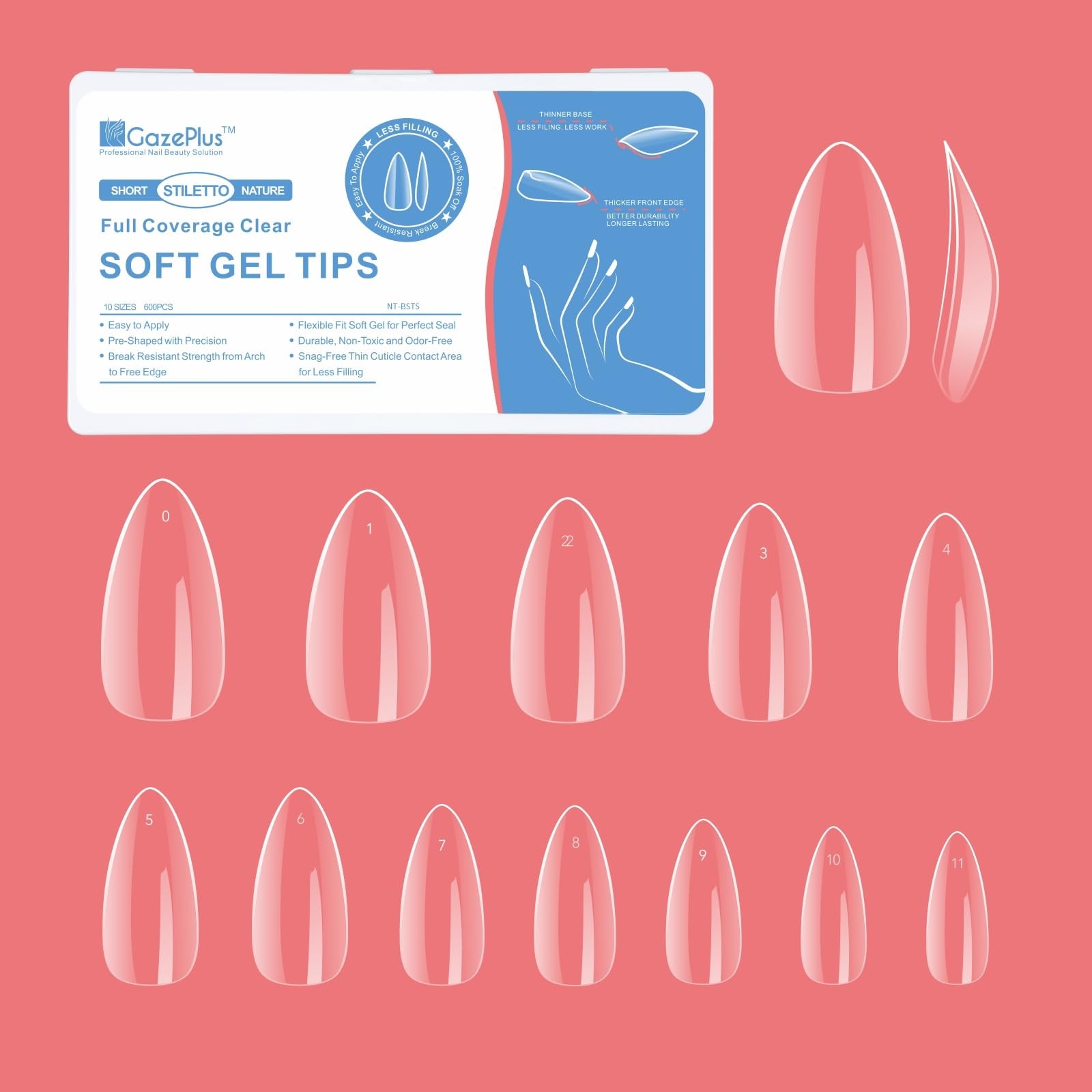Nail Tips, 600Pcs 10-size Short Stiletto Fake Nail Tips, Full Coverage Clear …