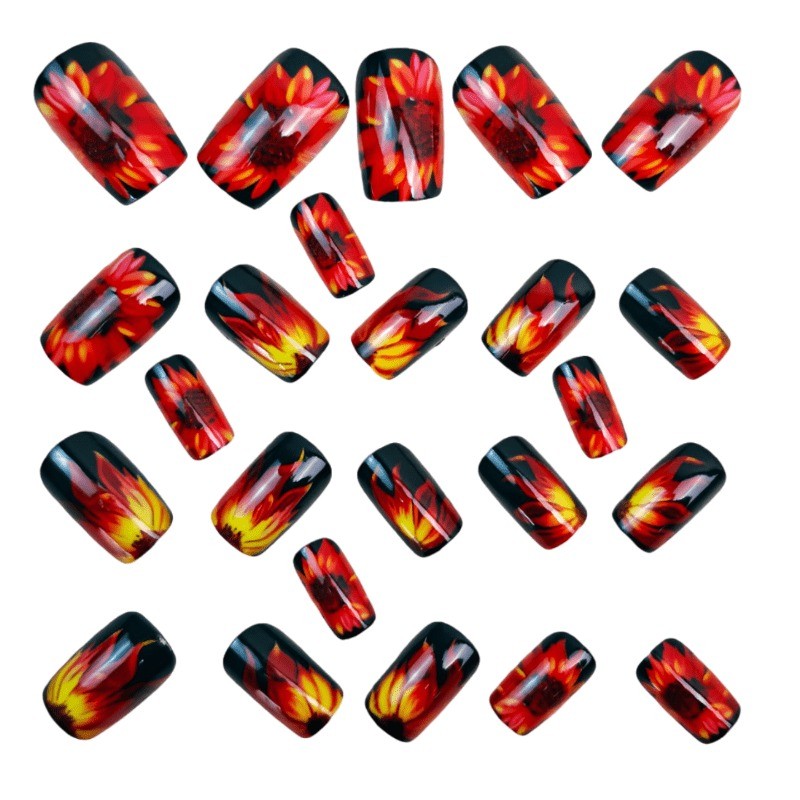 48 Pieces of Black Base Flame Sunflower Fake Nails – Removable Nail Art
