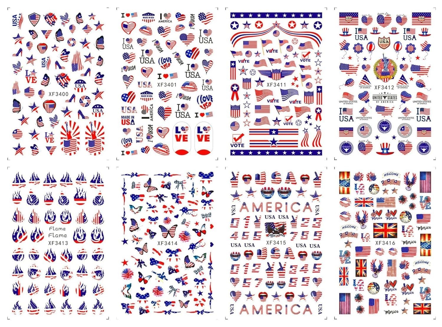 Independence Day Nail Stickers – 8 Sheets 3D Self-Adhesive Decals for Women