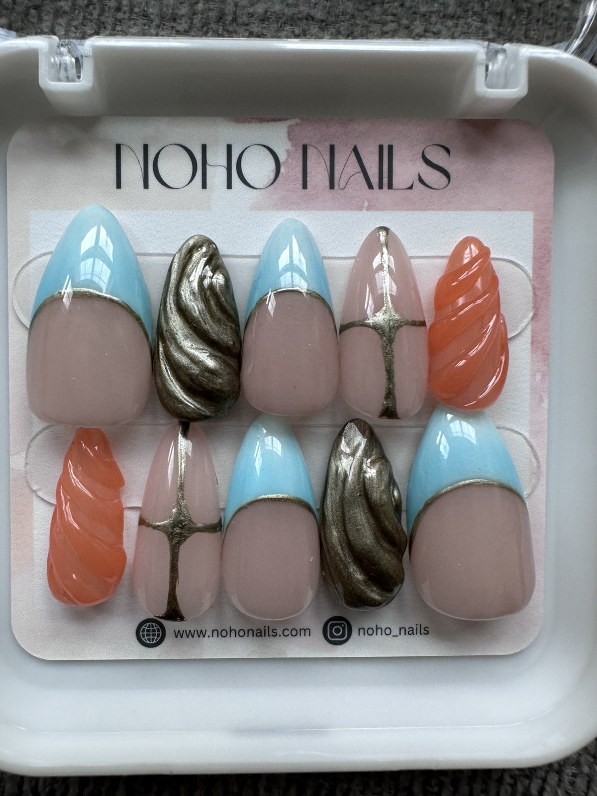 Multicolor 3D Press On Nails Long Almond Orange Blue Silver