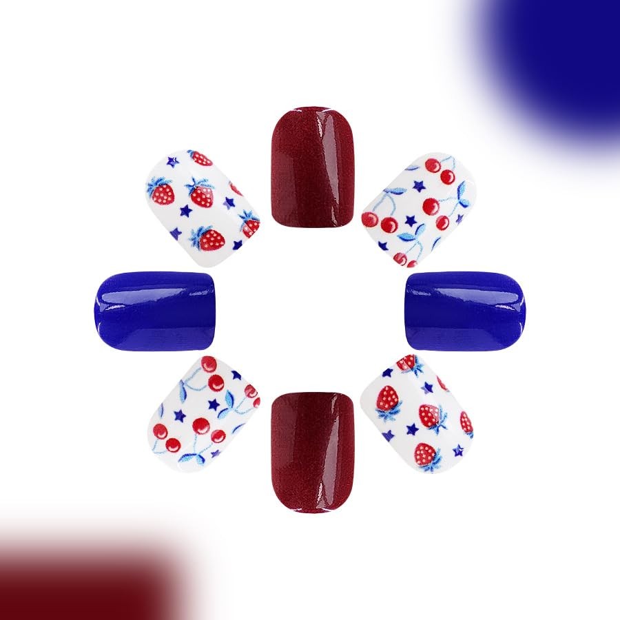 24Pcs 4th of July Press on Nails – Blue Red Short Square Acrylic False Style11
