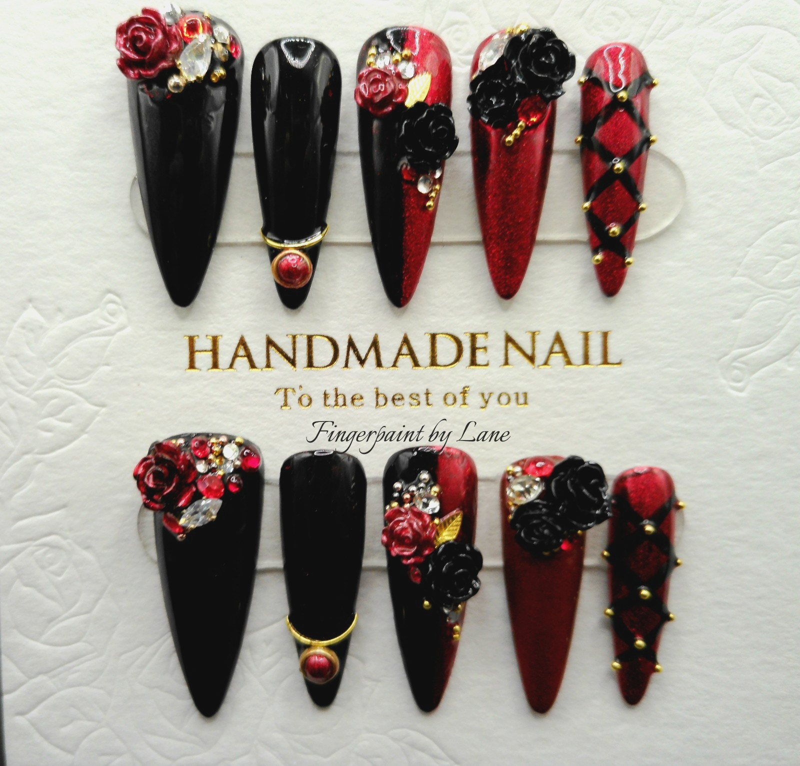 Black and Metallic Red Rose Long Stiletto Press On Nails – Medium Size