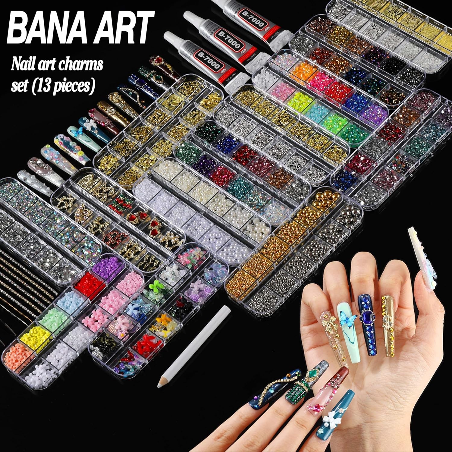 BANA Bedazzling Kit Nail Charms, Rhinestones Kit with 13 Boxes of Nail Gems, 180