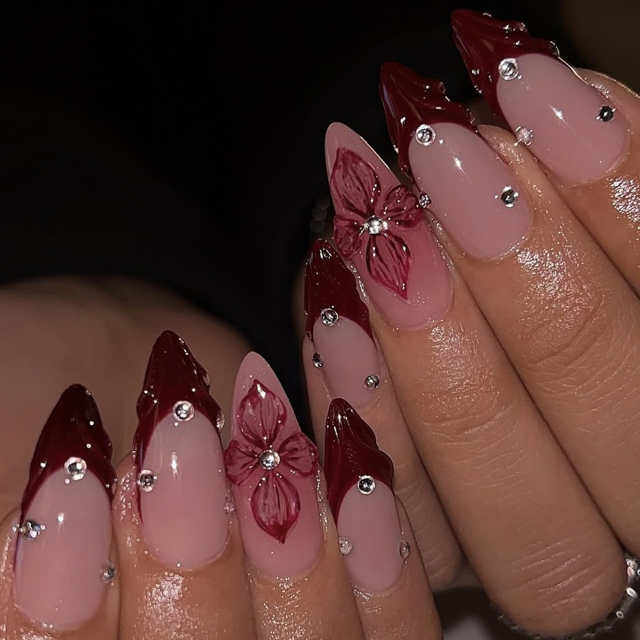 Red French Tip Press on Nails Almond – Medium Flower Fake Nails with 3D Cryst…