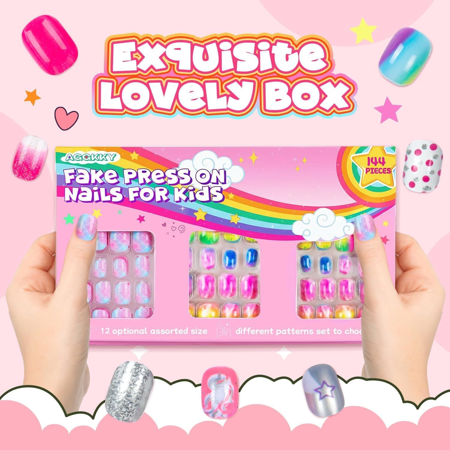 144 Pieces 6 Pack Kids Press on Nails Artificial Fake Nails for Kids Girls Pr…