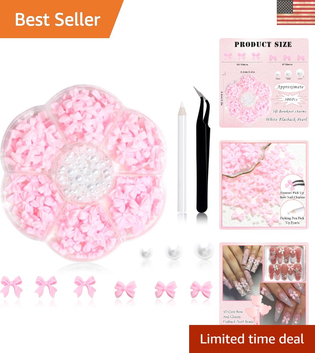 Decorative 300Pcs Pink Bow Charms & White Pearls – Craft Your Unique Nail Style