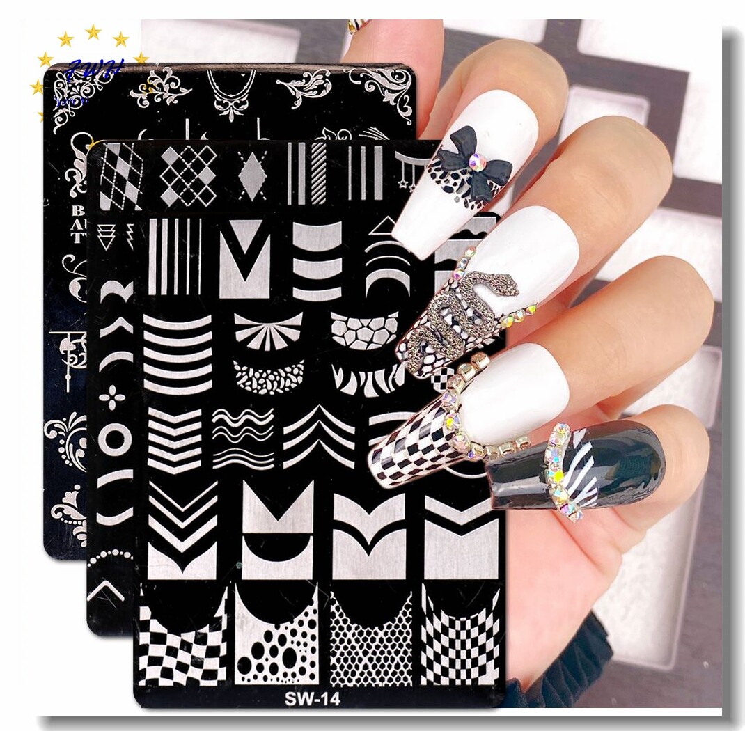 French Tip Metal Nail Stamping Plate Geometric Figure Stripes Snakeskin Flower