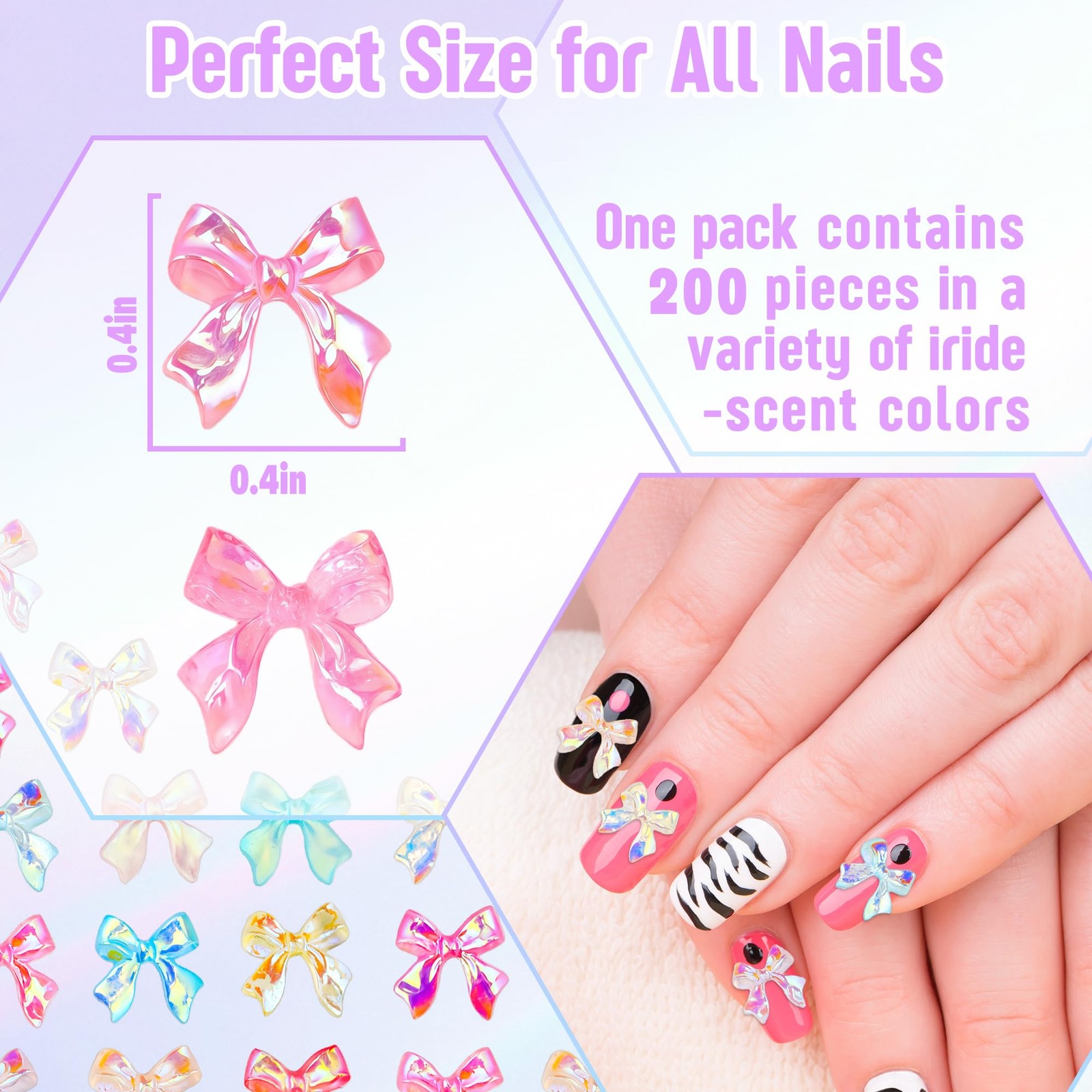 200Pcs Bow Nail Charms Resin Bowknot Nail Art Decoration Cute 3D Mix Aurora C…