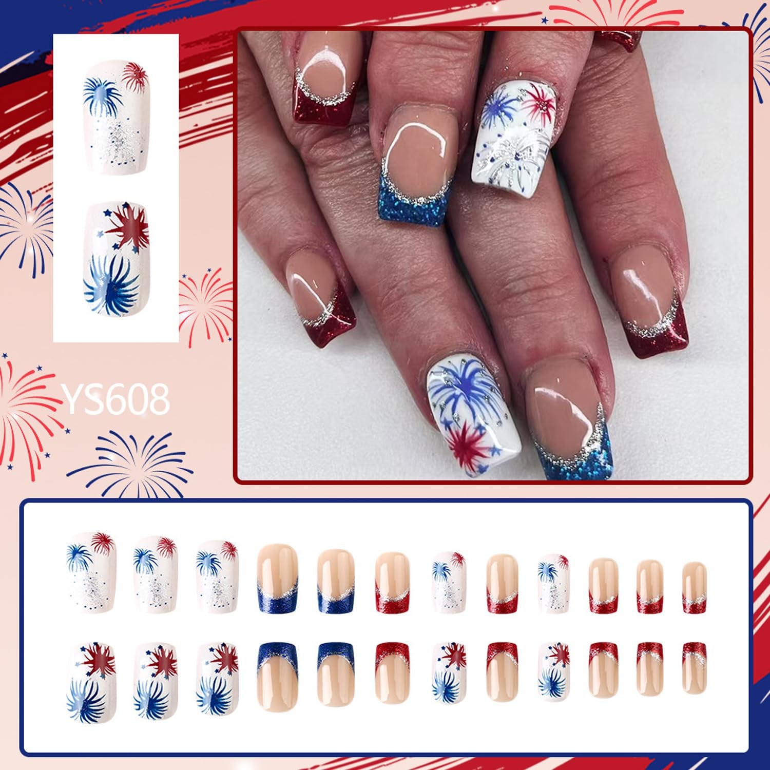 24Pcs Independence Day Fake Nails Kit – Short Square Press on Nails 4th of Ju…