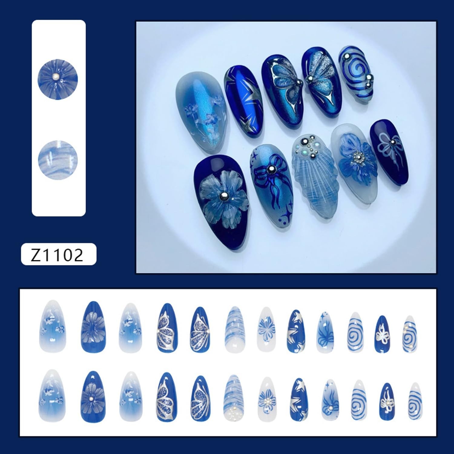 Reusable Floral Almond-Shaped Press On Nails – Easy Application & Glossy Finish