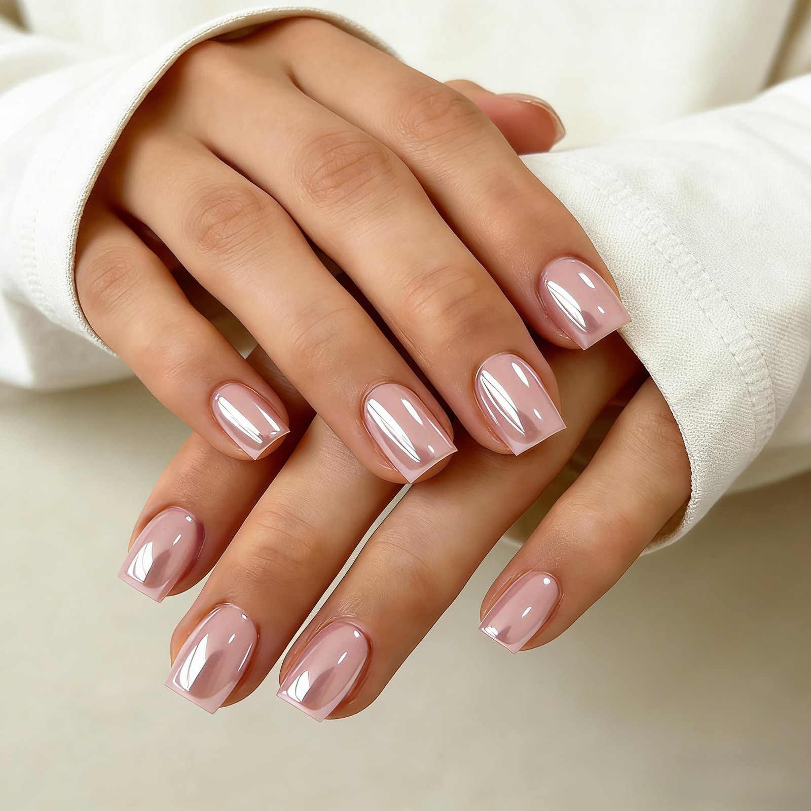 SXVME Chrome Peach Pink Press on Nails Short Square, Glazed Short Fake Nails …