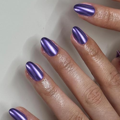 Matte Purple Chrome Press on Nails Short Almond Nails Press oval short purple
