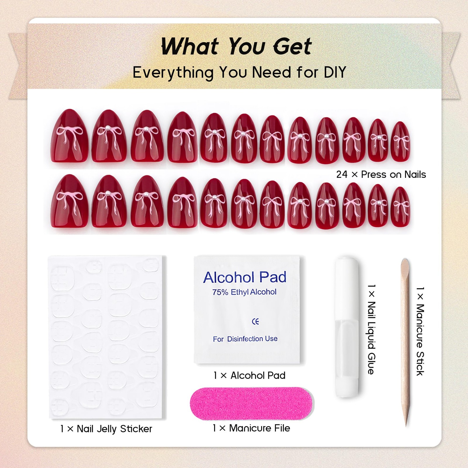 Press on Nails Almond, Wine Red & Bow Pearls Fake Nails Medium Press Ons, Glo…