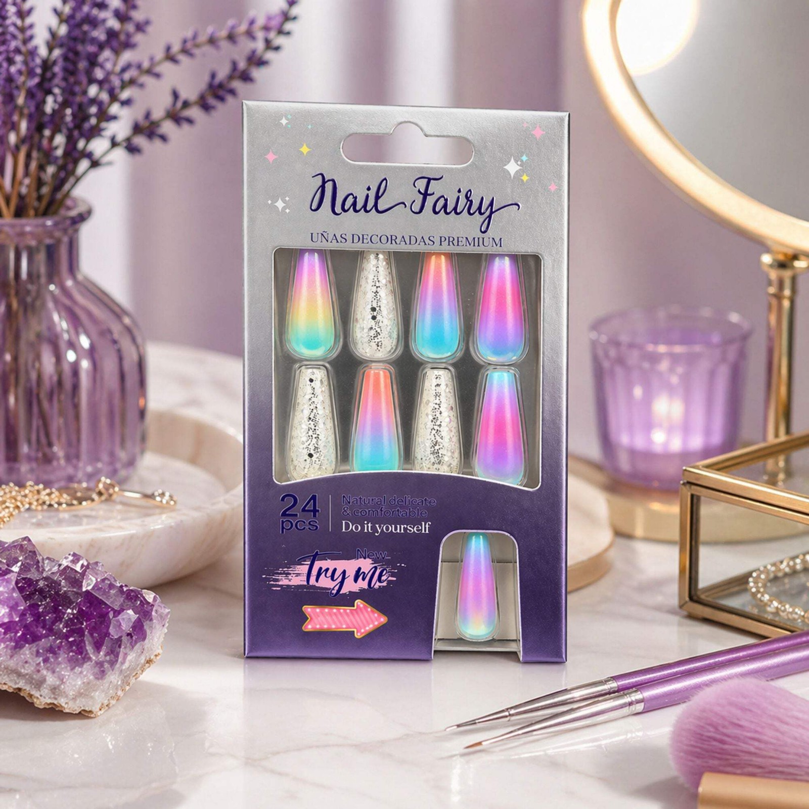 24 PCS Nail Fairy Rainbow Gloss Artificial Nails Set