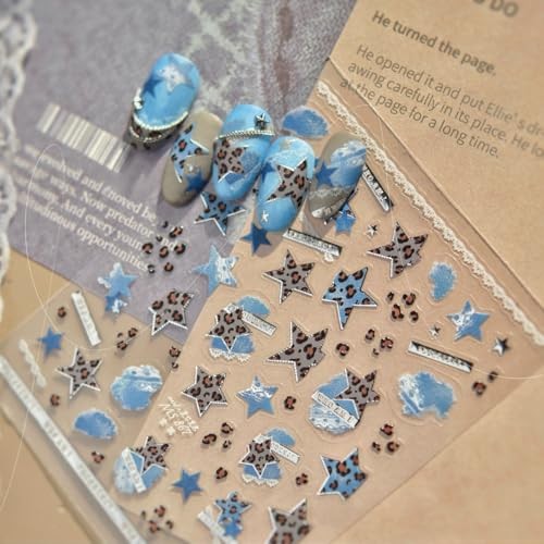 Denim Nail Stickers for Nail Art, Star Leopard Nail Decals 5D Embossed Blue
