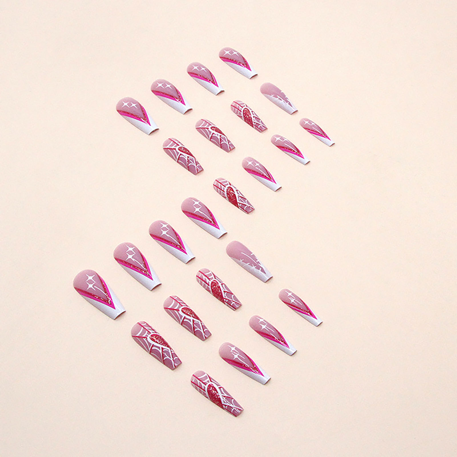 Pink Long Fake Nails With Spider Web Printed Charming Manicure Nails Press On