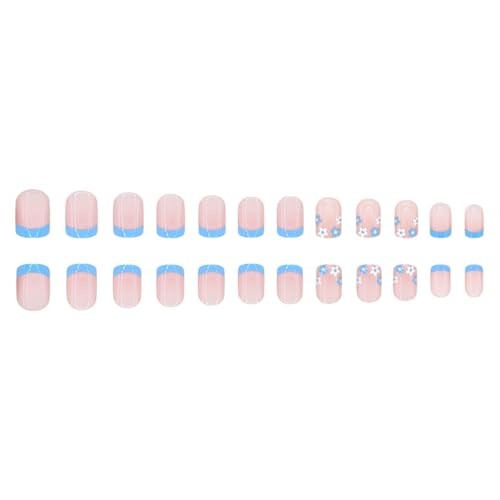 Spring Summer Press on Nails Blue French Tip Fake Nails Flowers Design Style-14