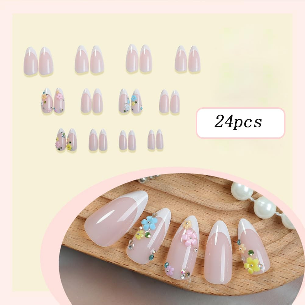 Medium Almond Press on Nails – White French Tip, Acrylic Fake Nails with 3D Flow