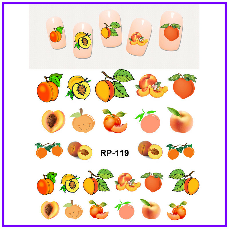 Nail art water transfer sticker decal peach apricot green leaves RP119