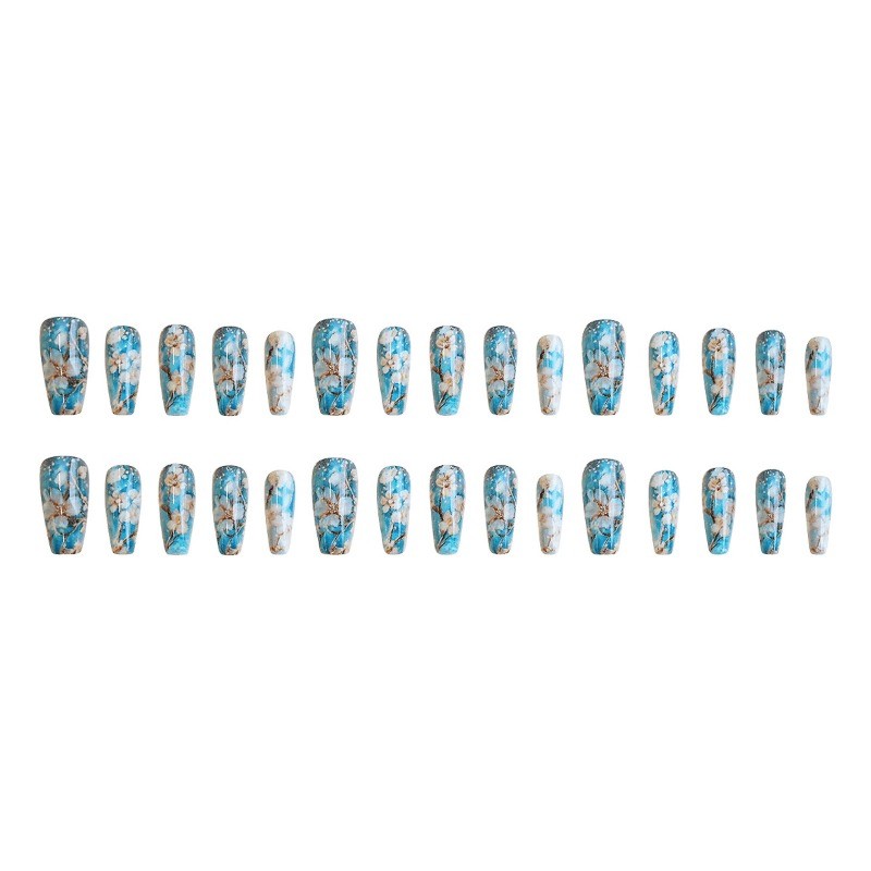 48 Pieces of Blue Glazed Gold-plated Plum Blossom Fake Nails, Removable Nail Art