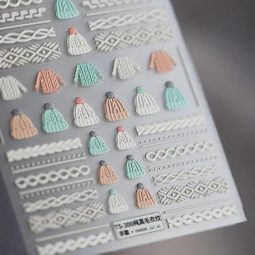 Winter Knit Sweater Cloth Pattern Nail Art Sticker Decals 5D Embossed French