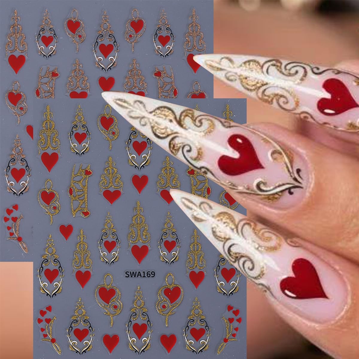 4 Sheets Valentines Nail Stickers 3D Self-Adhesive Pink Red Heart Nail Art St…