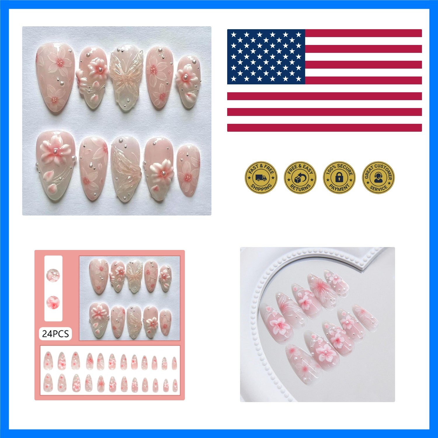 Almond Shape Press on Nails Medium Fake Nails with 3D Flower Line Pearl Handm…